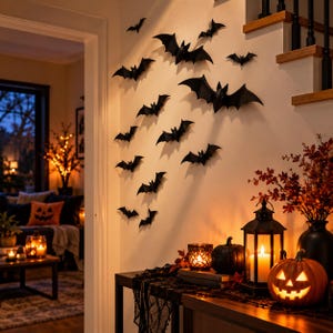 Pode incluir: Uma coleção de autocolantes de parede pretos em forma de morcego dispostos em padrão de voo numa parede branca, acompanhados por decoração de Halloween, incluindo uma abóbora iluminada, um lanterna preta e um suporte de vela de vidro.