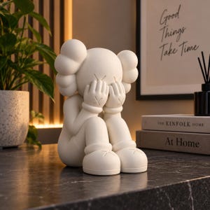 Può includere: Una statuetta color bianco sporco opaco raffigurante un personaggio seduto con orecchie arrotondate e mani che coprono il viso. Il personaggio presenta segni a forma di X sugli occhi e sulle mani ed è raffigurato in una posa curva.