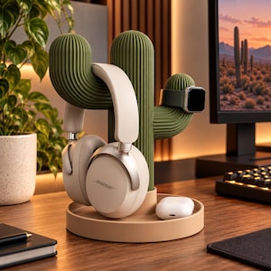 Puede incluir: Un organizador de escritorio con forma de cactus verde y base circular color canela. La estructura tiene brazos acanalados diseñados para sostener auriculares beige y un reloj inteligente. Un pequeño estuche de carga blanco descansa en la base.