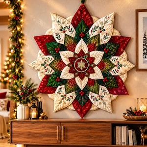 May include: A large, star-shaped quilted wall hanging featuring layered fabric petals in red, green, and cream. The design includes holly leaf patterns, small red berries, and a central circular medallion with a gold embroidered snowflake motif.