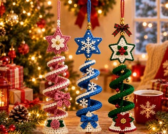 Crochet Spiral Christmas Tree Ornament Pattern PDF | Star Snowflake Bow Bell | Hanging Holiday Decor | Christmas Crochet Pattern