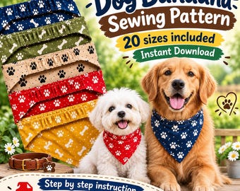 Dog Sewing Pattern PDF | Dog Bandana Pattern | Pet Bandana Bib Sewing Pattern | Elastic Pet Scarf | Puppy Bandana | 20 Sizes