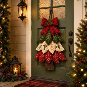 Puede incluir: Un adorno navide&ntilde;o de pared con forma de &aacute;rbol hecho de hojas de tela superpuestas en rojo, verde y crema. El dise&ntilde;o presenta un gran lazo rojo en la parte superior con bayas de acebo, patrones de hojas bordados y un tronco de tela marr&oacute;n.