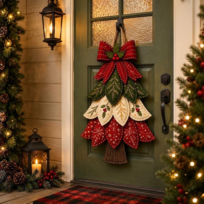 Puede incluir: Un adorno navide&ntilde;o de pared con forma de &aacute;rbol hecho de hojas de tela superpuestas en rojo, verde y crema. El dise&ntilde;o presenta un gran lazo rojo en la parte superior con bayas de acebo, patrones de hojas bordados y un tronco de tela marr&oacute;n.