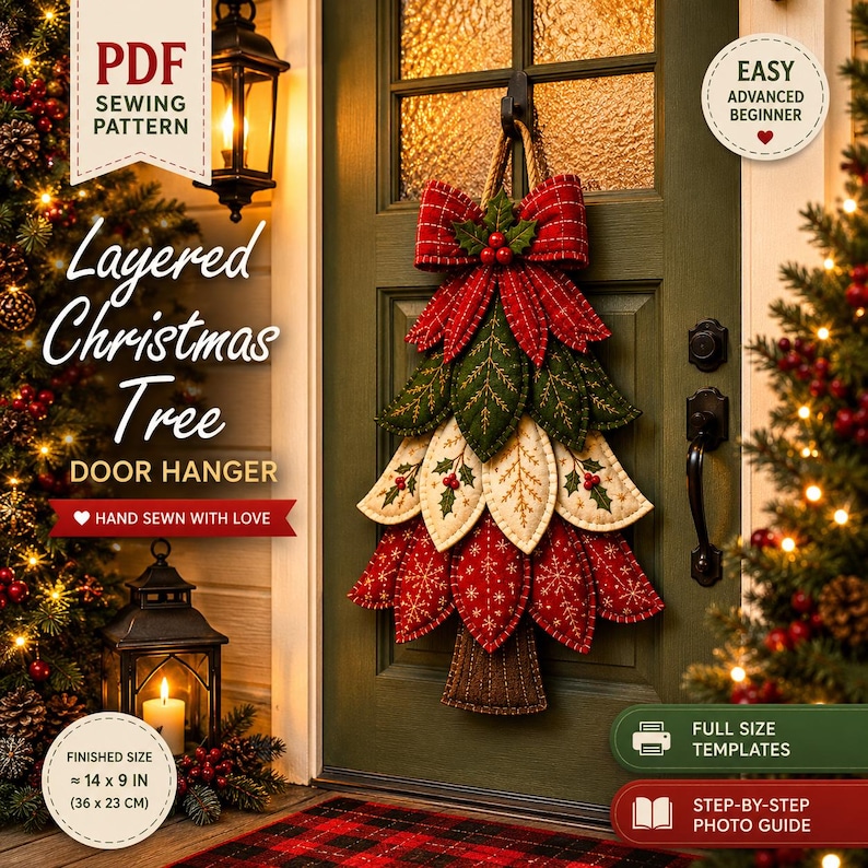 Puede incluir: Un patr&oacute;n de costura para un colgador de puerta de &aacute;rbol de Navidad en capas con dise&ntilde;o de tela roja y verde, un lazo grande, detalles de acebo y texto que incluye PDF SEWING PATTERN, Layered Christmas Tree, tama&ntilde;o final 36 x 23 cm.