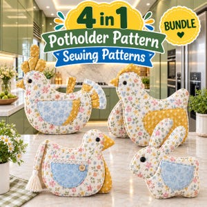 4-in-1 Potholder Sewing Pattern PDF Bundle, Chicken Duck and Rabbit Oven Mitt, Animal Pot Holder Patterns
