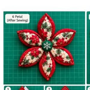 Puede incluir: Una flor de tela de seis p&eacute;talos con un estampado de flor de pascua en rojo y crema y bordes rojos s&oacute;lidos. Un bot&oacute;n central verde oscuro con un copo de nieve blanco bordado se sit&uacute;a en el centro. El texto dice 6 Petal (After Sewing).