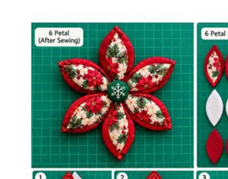 Puede incluir: Una flor de tela de seis p&eacute;talos con un estampado de flor de pascua en rojo y crema y bordes rojos s&oacute;lidos. Un bot&oacute;n central verde oscuro con un copo de nieve blanco bordado se sit&uacute;a en el centro. El texto dice 6 Petal (After Sewing).