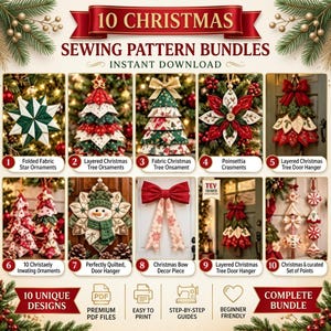 Könnte beinhalten: Eine digitale Grafik mit dem Titel 10 Christmas Sewing Pattern Bundles, die zehn nummerierte Bilder von Stoffornamenten und Dekorationen zeigt, darunter Sterne, Bäume, ein Schneemann, ein Weihnachtsstern und Schleifen, mit Textbeschriftungen.