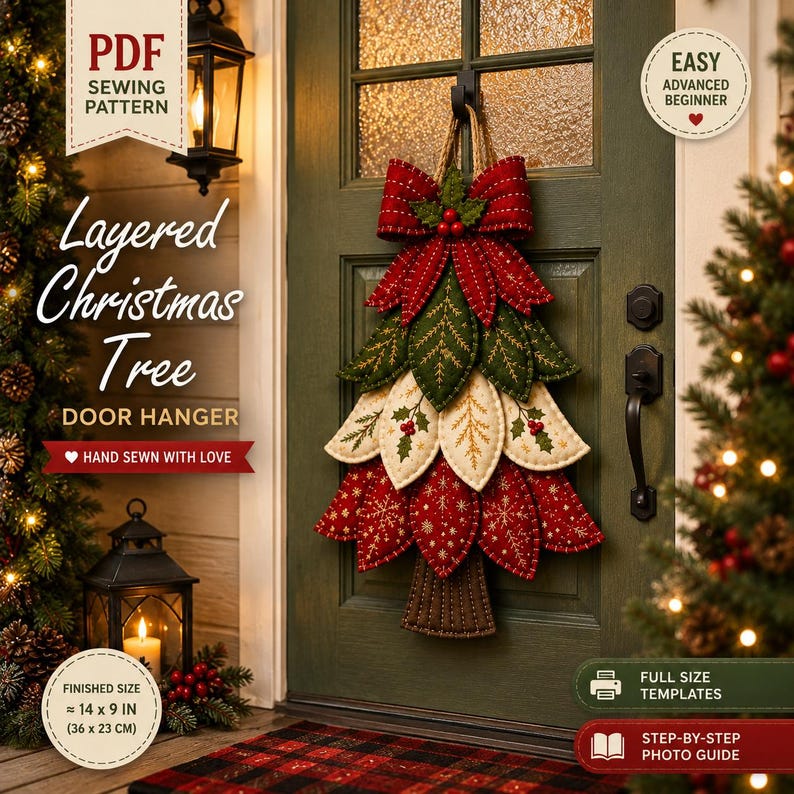 Puede incluir: Un patr&oacute;n de costura en PDF para un colgador de puerta con forma de &aacute;rbol de Navidad en capas. El dise&ntilde;o presenta hojas de tela en rojo, verde y crema con detalles bordados, rematado con un lazo rojo y bayas. Tama&ntilde;o final 36 x 23 cm.
