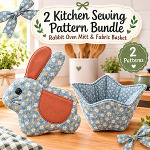 May include: A sewing pattern bundle featuring a rabbit-shaped oven mitt and a fabric basket, both made from blue fabric with a white and yellow daisy print. The rabbit mitt has solid rust-colored accents. Text reads: 2 Kitchen Sewing Pattern Bundle Rabbit Oven Mitt & Fabric Basket.