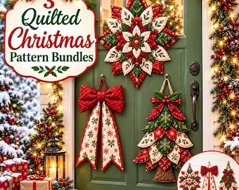 Puede incluir: Tres decoraciones navideñas de tela acolchada con forma de estrella, lazo y árbol, colgadas en una puerta verde. El texto 3 Quilted Christmas Pattern Bundles es visible. Los diseños utilizan tela roja, verde y crema con patrones de copos de nieve.
