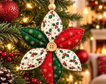 Patrón PDF para adorno floral acolchado, patrón de costura navideño, adorno floral de tela, decoración navideña acolchada, costura navideña