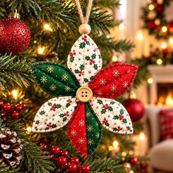 Quilted Flower Ornament Pattern PDF, Christmas Sewing Pattern, Fabric Flower Ornament, Quilted Christmas Decor, Holiday Sewing