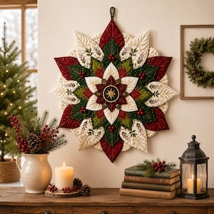 May include: A quilted fabric wall hanging shaped like a large poinsettia flower with layered petals in shades of deep red, forest green, and cream. The center features a circular medallion with a gold star design and small red berry accents.