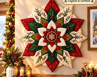 Christmas Quilted Wreath Pattern PDF, Poinsettia Wreath Sewing Pattern, Quilted Christmas Door Decor, Holiday Wall Hanging Quilt Pattern