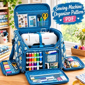 Peut inclure: Un sac organisateur de machine à coudre bleu matelassé à motif floral, contenant une machine à coudre blanche, des bobines de fil, des ciseaux et divers accessoires de couture rangés dans des poches en filet. Le texte indique Sewing Machine Organizer Pattern PDF.