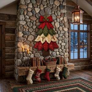 Puede incluir: Una decoraci&oacute;n de pared con forma de &aacute;rbol de Navidad hecha de hojas de tela superpuestas en rojo, verde y crema, rematada con un lazo rojo y acebo. El &aacute;rbol presenta patrones de copos de nieve bordados y un tronco de tela marr&oacute;n.