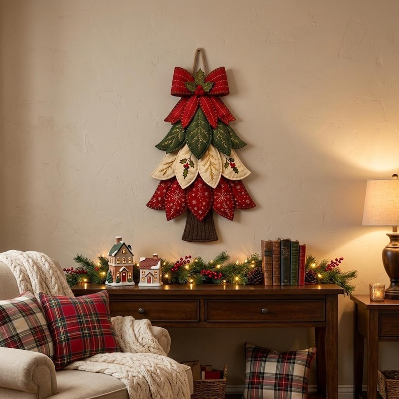 Puede incluir: Una decoraci&oacute;n navide&ntilde;a de pared con forma de &aacute;rbol hecha de p&eacute;talos de tela superpuestos en tonos rojo, verde y crema. El &aacute;rbol presenta motivos bordados de copos de nieve y acebo, rematado con un gran lazo de tela roja y un lazo de yute.