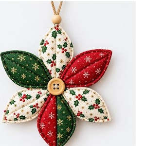 Puede incluir: Un adorno de tela en forma de estrella con seis p&eacute;talos acolchados en colores rojo, verde y crema. La tela tiene un estampado de acebo, bayas y copos de nieve dorados. Un bot&oacute;n de madera clara se encuentra en el centro del adorno.
