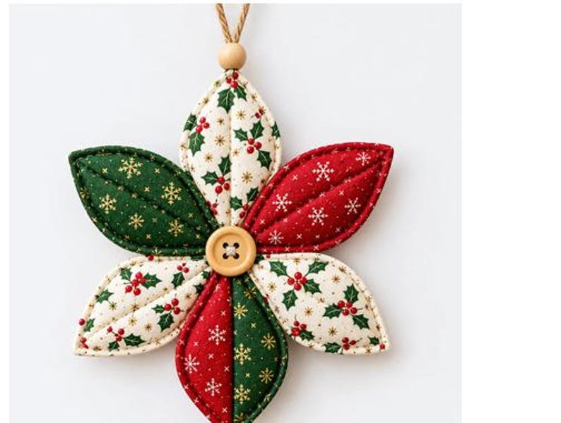 Puede incluir: Un adorno de tela en forma de estrella con seis p&eacute;talos acolchados en colores rojo, verde y crema. La tela tiene un estampado de acebo, bayas y copos de nieve dorados. Un bot&oacute;n de madera clara se encuentra en el centro del adorno.