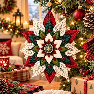 Weihnachtsstern-Quiltmuster (PDF), Weihnachtskranzmuster, Wandbehang-Quiltmuster, Nähvorlage für die Feiertage, Türdekoration aus Stoffblumen