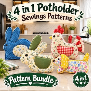 May include: A 4 in 1 Potholder Sewings Patterns bundle featuring four quilted fabric potholders shaped like animals. The set includes a blue rabbit, a floral rabbit, a chicken with red accents, and a floral dog with yellow ears.