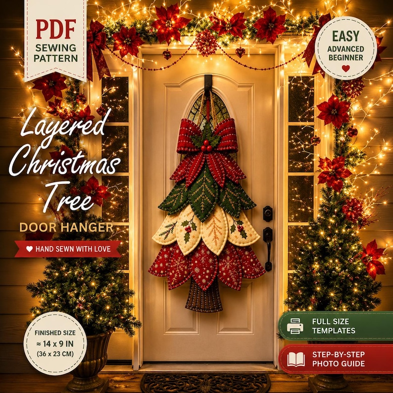 Puede incluir: Un patr&oacute;n de costura en PDF para un colgador de puerta con forma de &aacute;rbol de Navidad en capas. El dise&ntilde;o presenta hojas de tela en rojo, verde y crema con detalles bordados. El texto incluye Layered Christmas Tree y 36 x 23 cm.