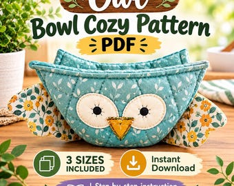 Patrón PDF para funda de cuenco con forma de búho, patrón de costura para funda de cuenco acolchada, patrón para soporte de cuenco, tutorial para funda de cuenco de tela, funda para cuenco de microondas para principiantes (PDF)