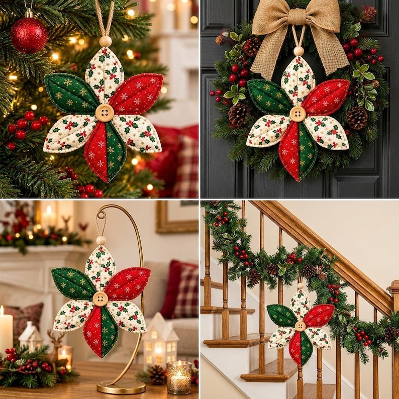 Puede incluir: Un adorno de tela en forma de estrella con seis p&eacute;talos acolchados en colores rojo, verde y crema con motivos de acebo. El centro del adorno est&aacute; decorado con un peque&ntilde;o bot&oacute;n de madera y cuelga de un sencillo lazo de cuerda.