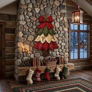 Puede incluir: Una decoraci&oacute;n de pared con forma de &aacute;rbol de Navidad hecha de hojas de tela superpuestas en rojo, verde y crema, rematada con un lazo rojo y acebo. El &aacute;rbol presenta patrones de copos de nieve bordados y un tronco de tela marr&oacute;n.