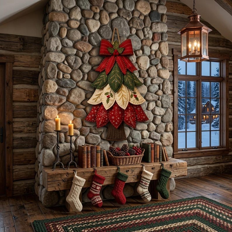 Puede incluir: Una decoraci&oacute;n de pared con forma de &aacute;rbol de Navidad hecha de hojas de tela superpuestas en rojo, verde y crema, rematada con un lazo rojo y acebo. El &aacute;rbol presenta patrones de copos de nieve bordados y un tronco de tela marr&oacute;n.