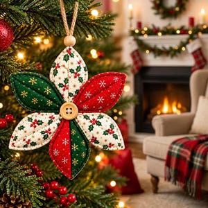 Puede incluir: Un adorno de &aacute;rbol de Navidad de tela con forma de flor de seis p&eacute;talos, con paneles alternos de tela roja, verde y crema con patrones de acebo y copos de nieve, centrado con un bot&oacute;n de madera clara y colgado de un lazo de yute.