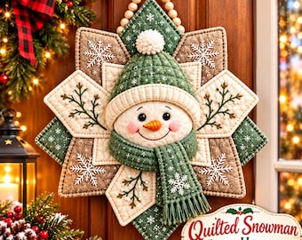 Patrón de costura en PDF para colgar en la puerta con diseño de muñeco de nieve, decoración navideña acolchada para la puerta, tapiz de pared invernal con diseño de copo de nieve, patrón de colcha estilo granja.