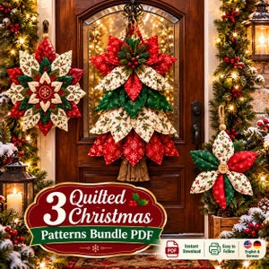 May include: A set of three quilted Christmas fabric decorations featuring a star-shaped ornament, a tree-shaped wall hanging, and a flower-shaped ornament, all in red, green, and cream patterns with the text 3 Quilted Christmas Patterns Bundle PDF.