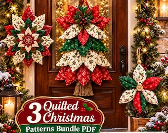 3 Quilted Christmas Patterns Bundle PDF | Poinsettia Flower, Star & Christmas Tree Ornaments | Holiday Sewing Patterns | DIY Christmas Decor