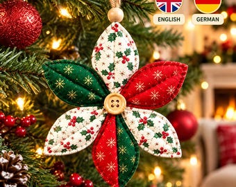 Quilted Christmas Flower Ornament Pattern PDF, Fabric Flower Ornament, Christmas Sewing Pattern, Holiday Decor, DIY Sewing