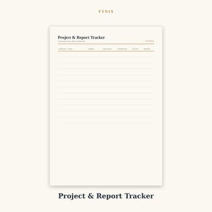 Peut inclure: Une feuille de suivi de projet et de rapport de couleur crème avec du texte brun foncé. L'en-tête indique Project & Report Tracker, suivi de colonnes pour Project/Task, Owner, Due Date, Progress, Status et Report. La page comporte des lignes.
