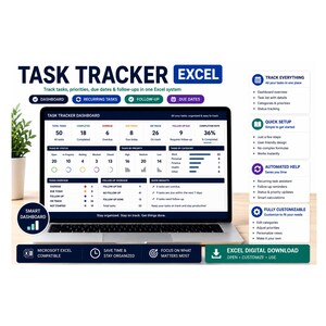 Task Tracker Spreadsheet | Excel Task Management Template, Due Dates, Follow Up & Recurring Tasks | Productivity Dashboard