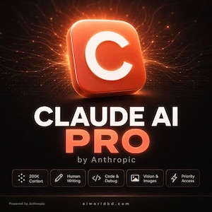 Könnte beinhalten: Ein quadratisches orangefarbenes Symbol mit einem weißen Buchstaben C befindet sich über dem Text CLAUDE AI PRO by Anthropic. Darunter befinden sich fünf rechteckige Schaltflächen mit den Beschriftungen 200K Context, Human Writing, Code & Debug, Vision & Images und Priority Access.