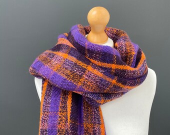 Large handwoven blanket shawl, handspun merino stole - woven with purple, navy and orange hand spun wool - a luxury unique stylish gift.