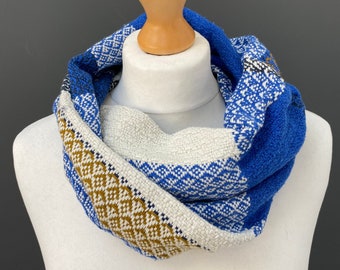 Handwoven 100% cotton cowl, navy blue, white and orange scarf - woven with fine cotton yarn, a luxury soft and unique gift