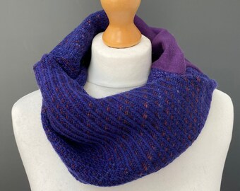 Handwoven pink cowl, purple merino scarf  - woven with hand dyed wool and sewn with recycled knitted fabric - a stylish luxury gift for her