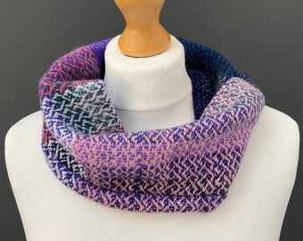 Luxury handwoven scarf, lambswool pink cowl - snood woven with purple, pink, lilac and blue shades of merino and silk yarn  - a luxury gift