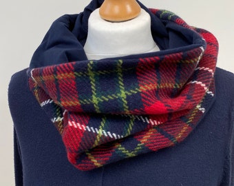 Handwoven tartan cowl, merino lambswool scarf, lined with jersey  - woven in festive red and navy colours, a unique, luxury and stylish gift