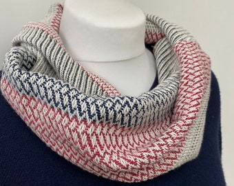 Handwoven cotton cowl, woven snood scarf - woven by hand with navy, grey, red and white  cotton, a luxury gift  for spring or summer