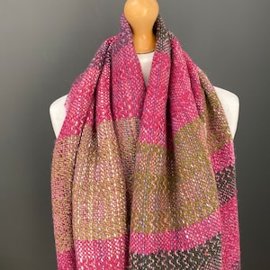 Handwoven merino shawl,  oversize large scarf - woven with handspun merino lambwool in  pink, purple and olive green wool - a luxury gift