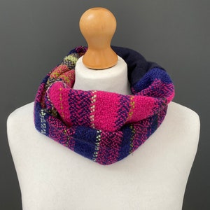 Handwoven pink blue snood, woven merino scarf  - woven fabric sewn with some repurposed navy knitted fabric - a unique luxury special gift.