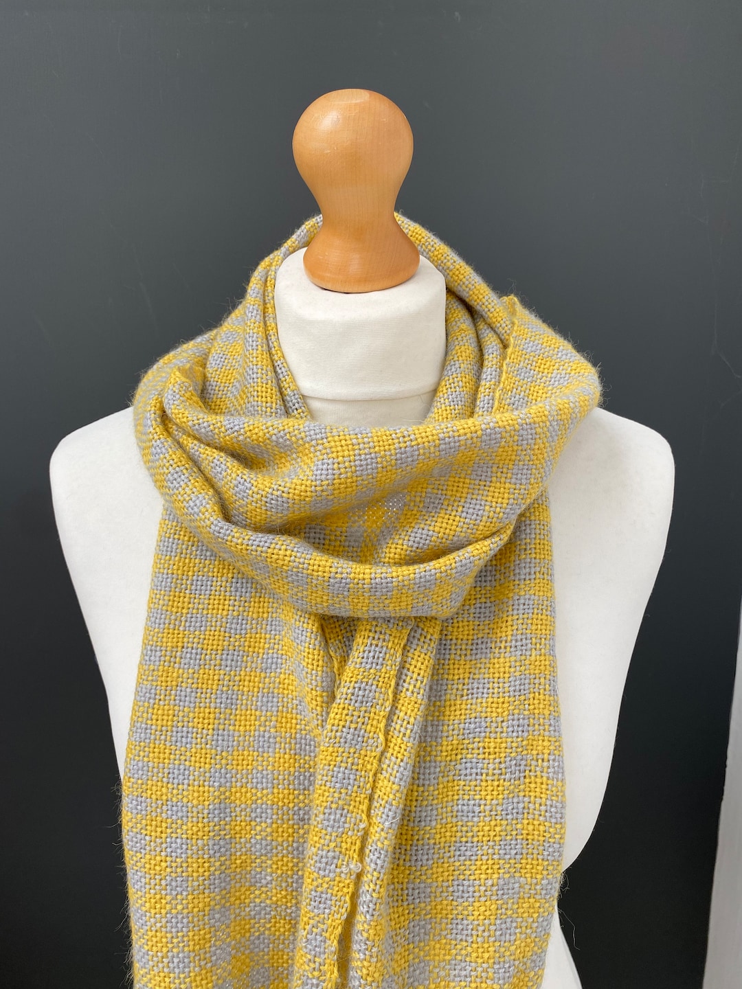 Handwoven Wool Scarf: Yellow Grey Checkered Design UK