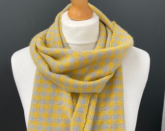 Handwoven Wool Scarf: Yellow Grey Checkered Design